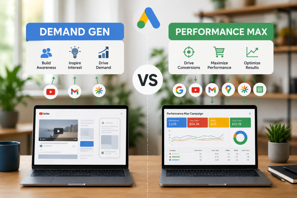 Illustration comparing Google Ads Demand Gen and Performance Max campaigns with analytics dashboards, marketing visuals, and optimization concepts in a modern office.