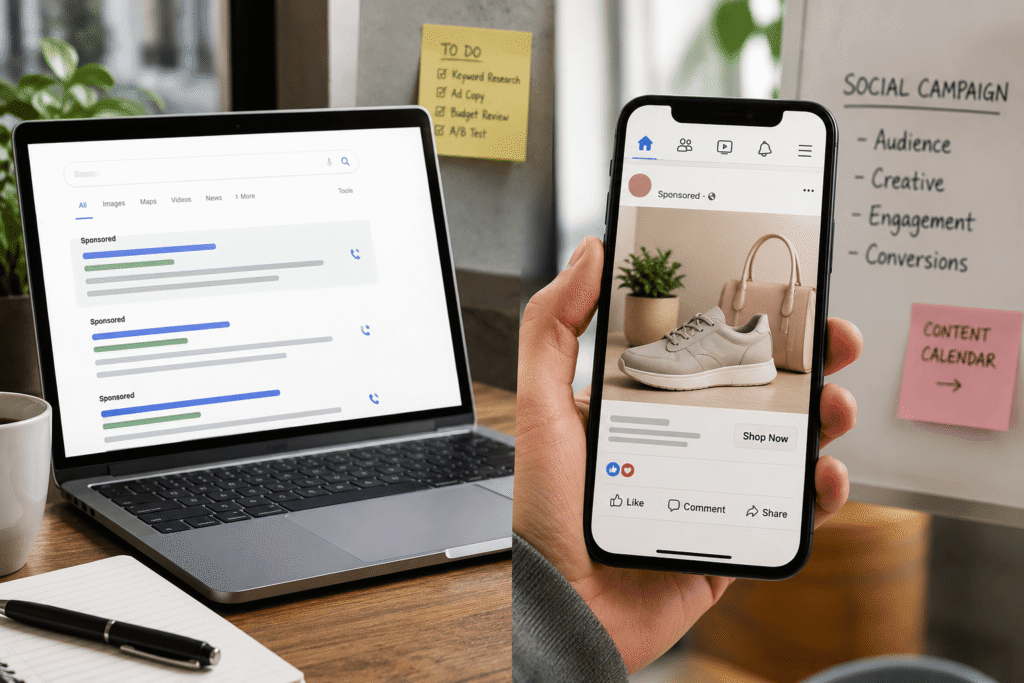 Paid search vs paid social comparison showing search ads on a laptop and social media ads on a smartphone in a modern marketing workspace.