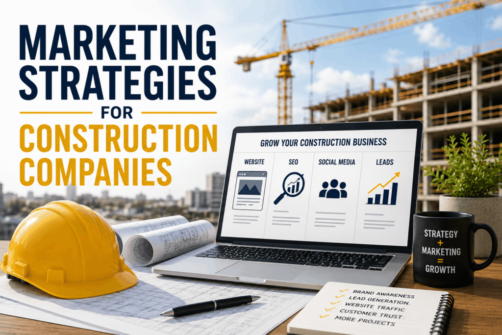 Marketing strategies for construction companies featuring a construction site, laptop, blueprints, and digital marketing plan focused on SEO, content, leads, and growth.