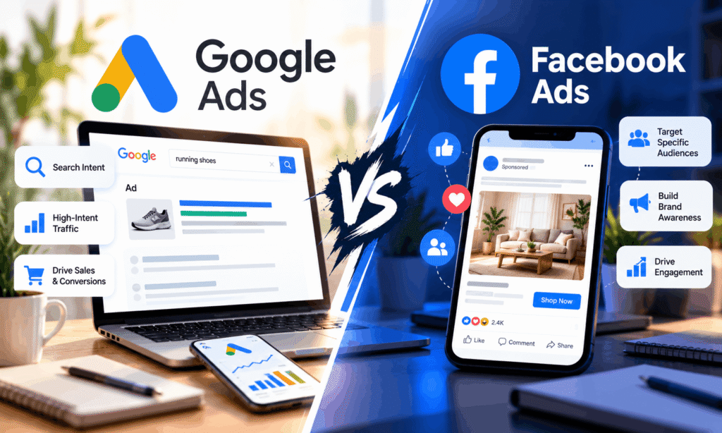 Google Ads vs. Facebook Ads comparison showing search advertising, audience targeting, conversions, and social media engagement.