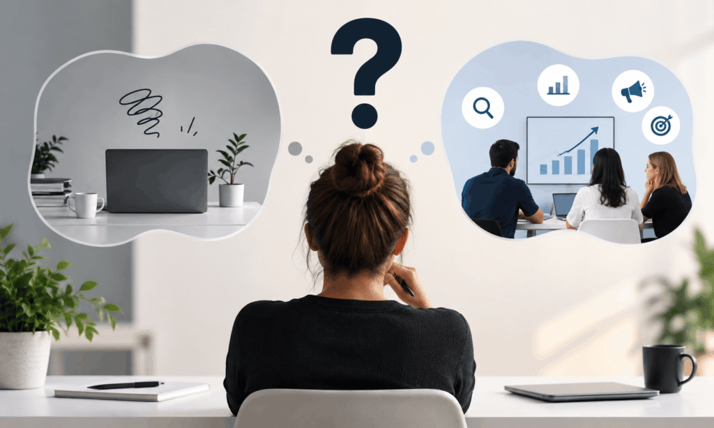 Business owner asking, “Do I need a marketing agency?” while comparing DIY marketing with hiring a professional marketing team.