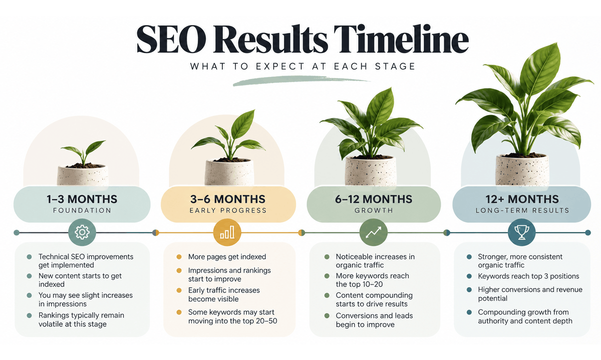 SEO results timeline showing what to expect at each stage: 1 to 3 months foundation, 3 to 6 months early progress, 6 to 12 months growth, and 12+ months long-term results