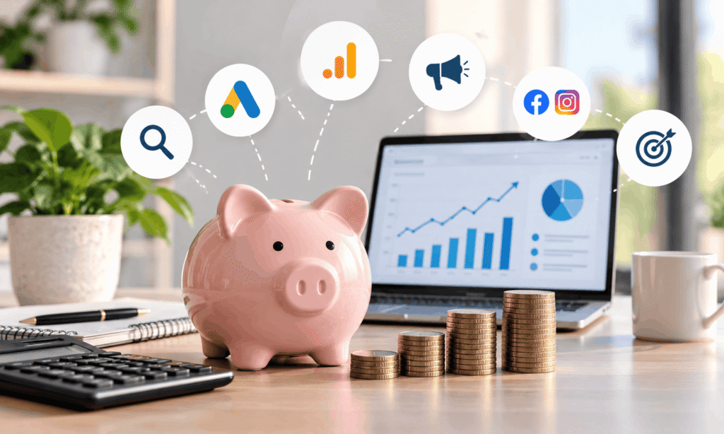 Piggy bank, coins, and digital marketing analytics illustrating how much it costs to hire a marketing agency.
