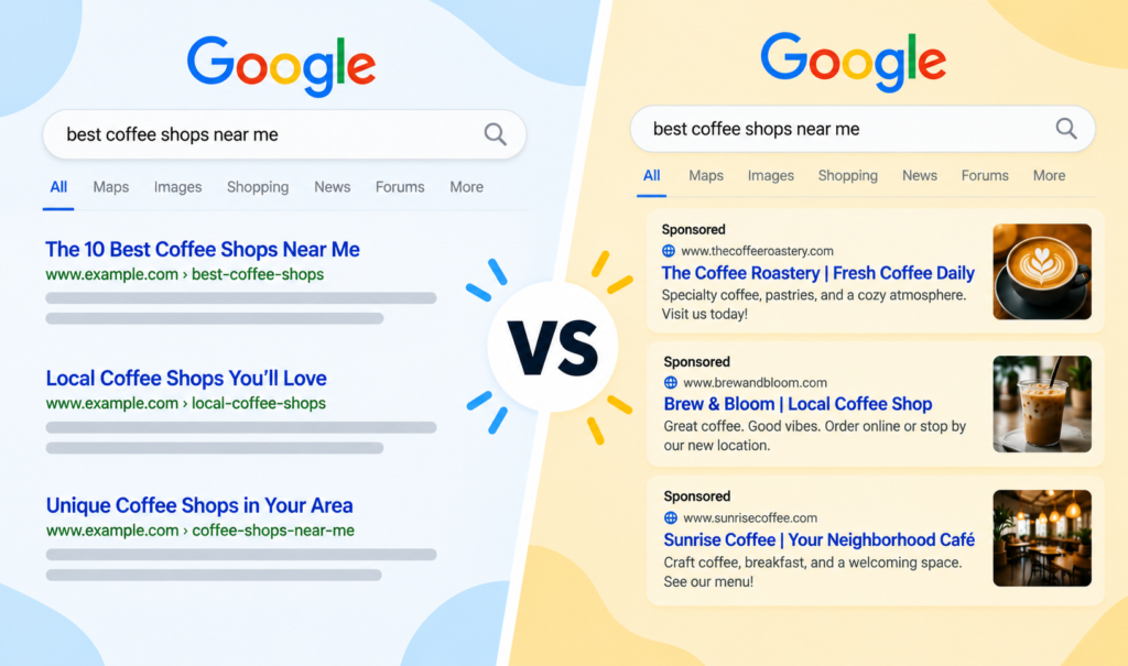 Side-by-side comparison of SEO vs. Google Ads, showing organic Google search results on the left and paid sponsored search ads on the right for the same search query, highlighting the difference between organic and paid search marketing.